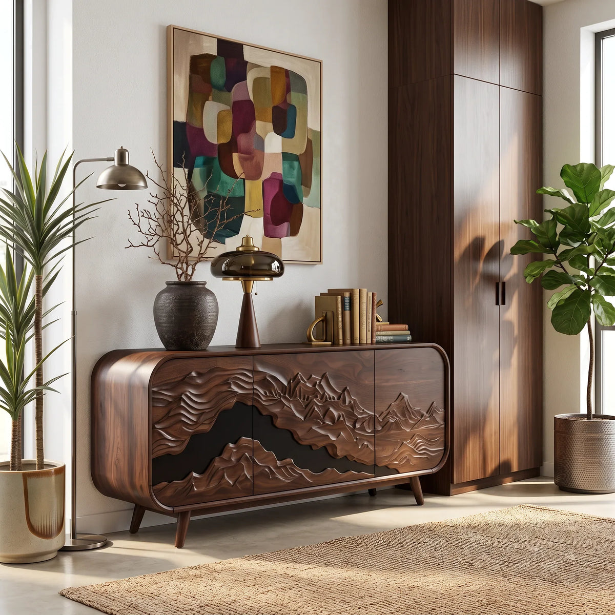 Mid Century Carved Sideboard Buffet Cabinet Living Room