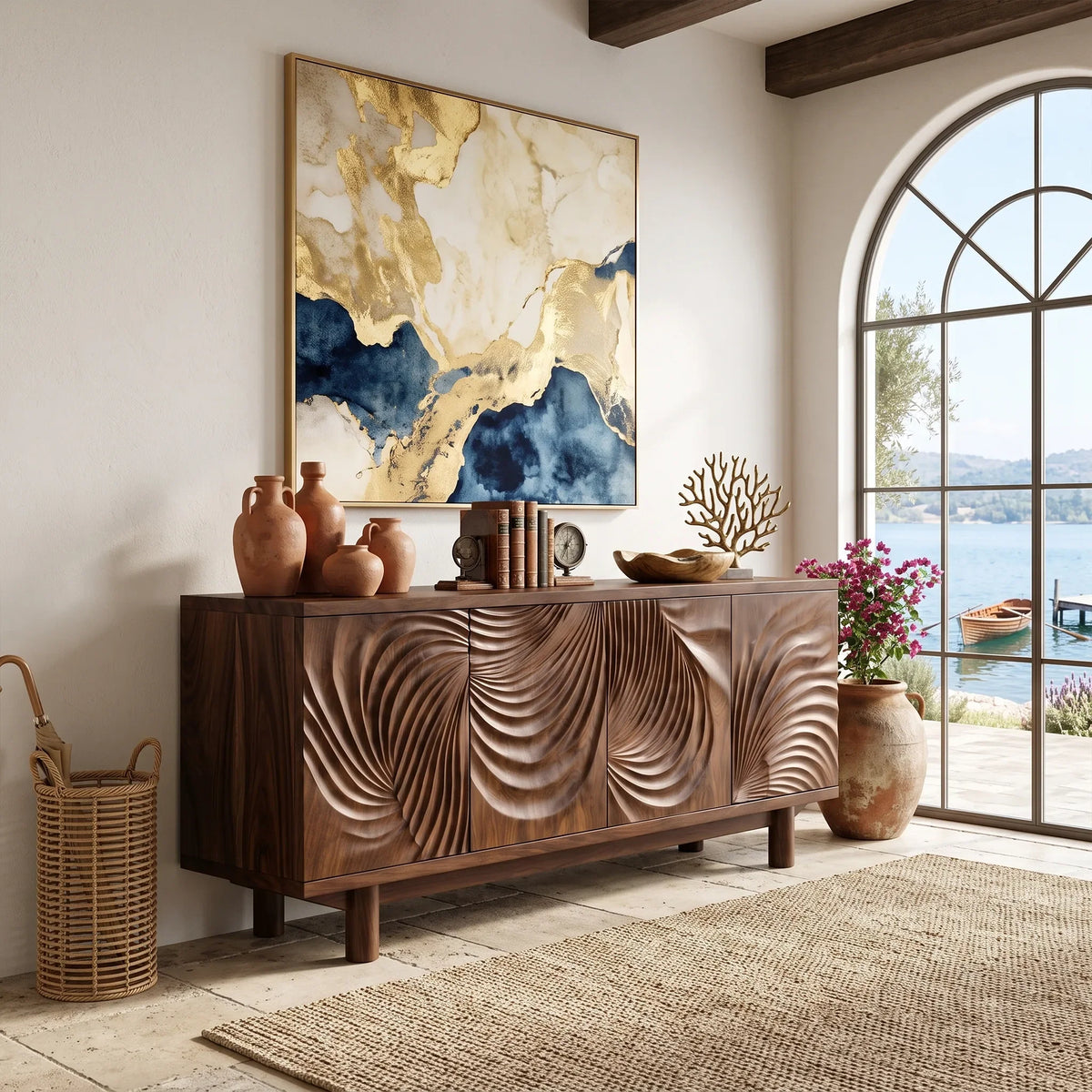 Luminous Sideboard Dining Sideboard Cabinet Buffet Cabinet Layered Wave Carving For Dining Room