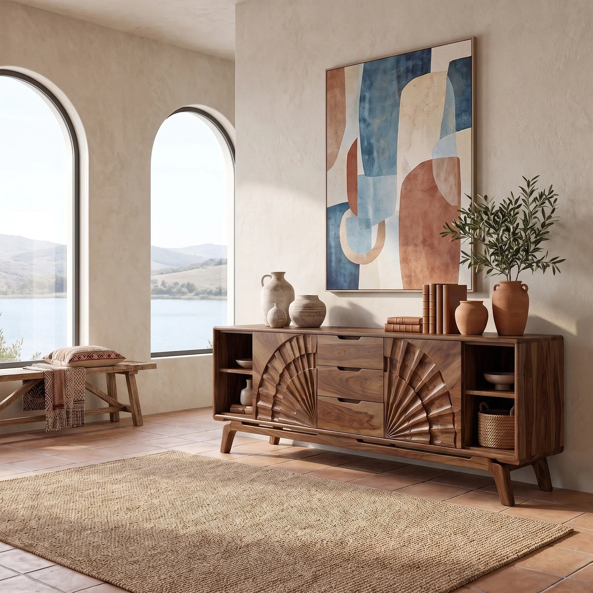 Sculptural Sideboard Cabinet Dining Sideboard Buffet Cabinet Fan Carving For Living Room