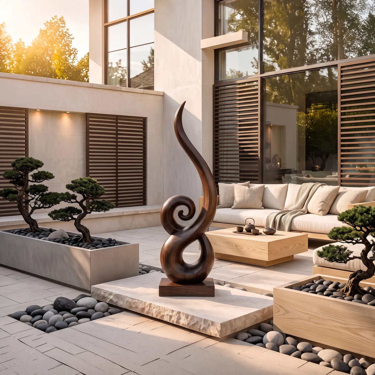 Japandi Abstract Swirl Wooden Sculpture For Zen Garden Decor