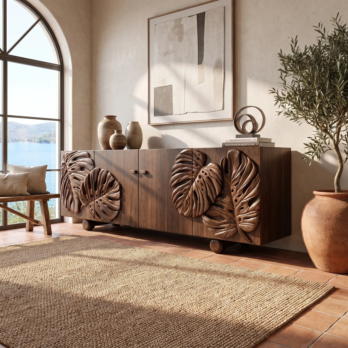 Botanical Sideboard Sideboard Storage Cabinet Modern Sideboard Tropical Leaf Carving For Living Room