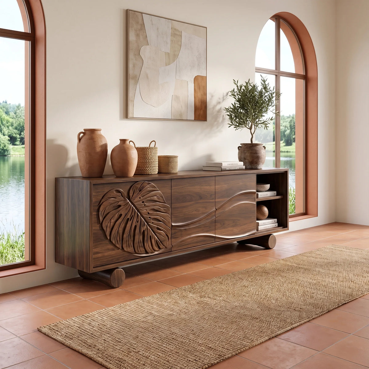 Organic Sideboard Cabinet Modern Sideboard Buffet Cabinet Monstera Carving For Living Room