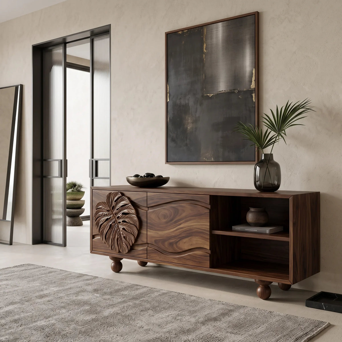 Organic Sideboard Sideboard Cabinet Modern Sideboard Leaf Carving Open Storage For Living Room