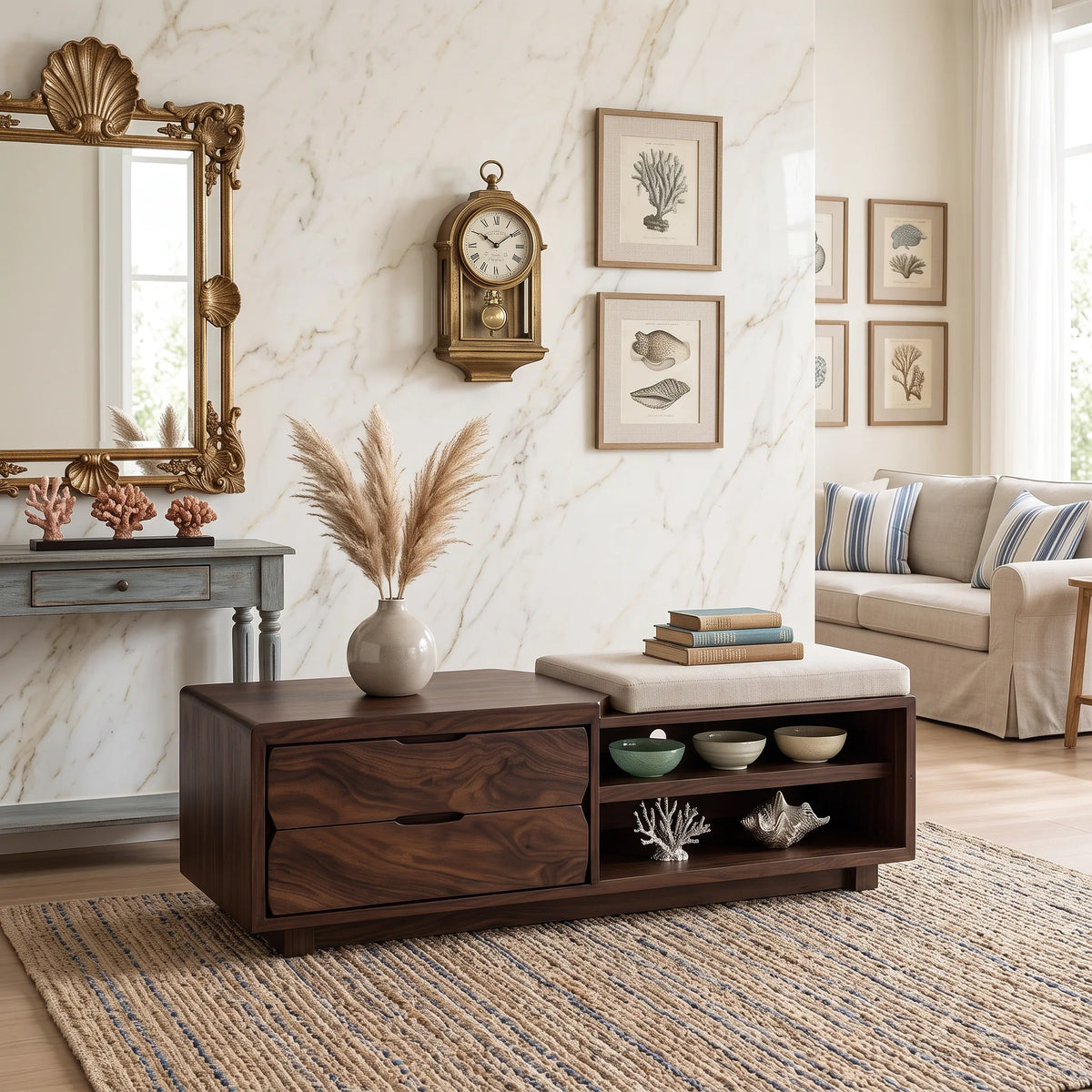 Natural Wood Storage Bench Cushion Drawers For Bedroom