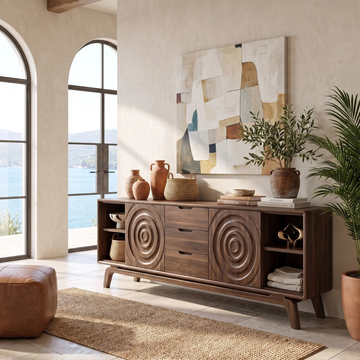 Modern Sideboard Storage Cabinet Dining Sideboard Buffet Cabinet Circle Carving For Living Room