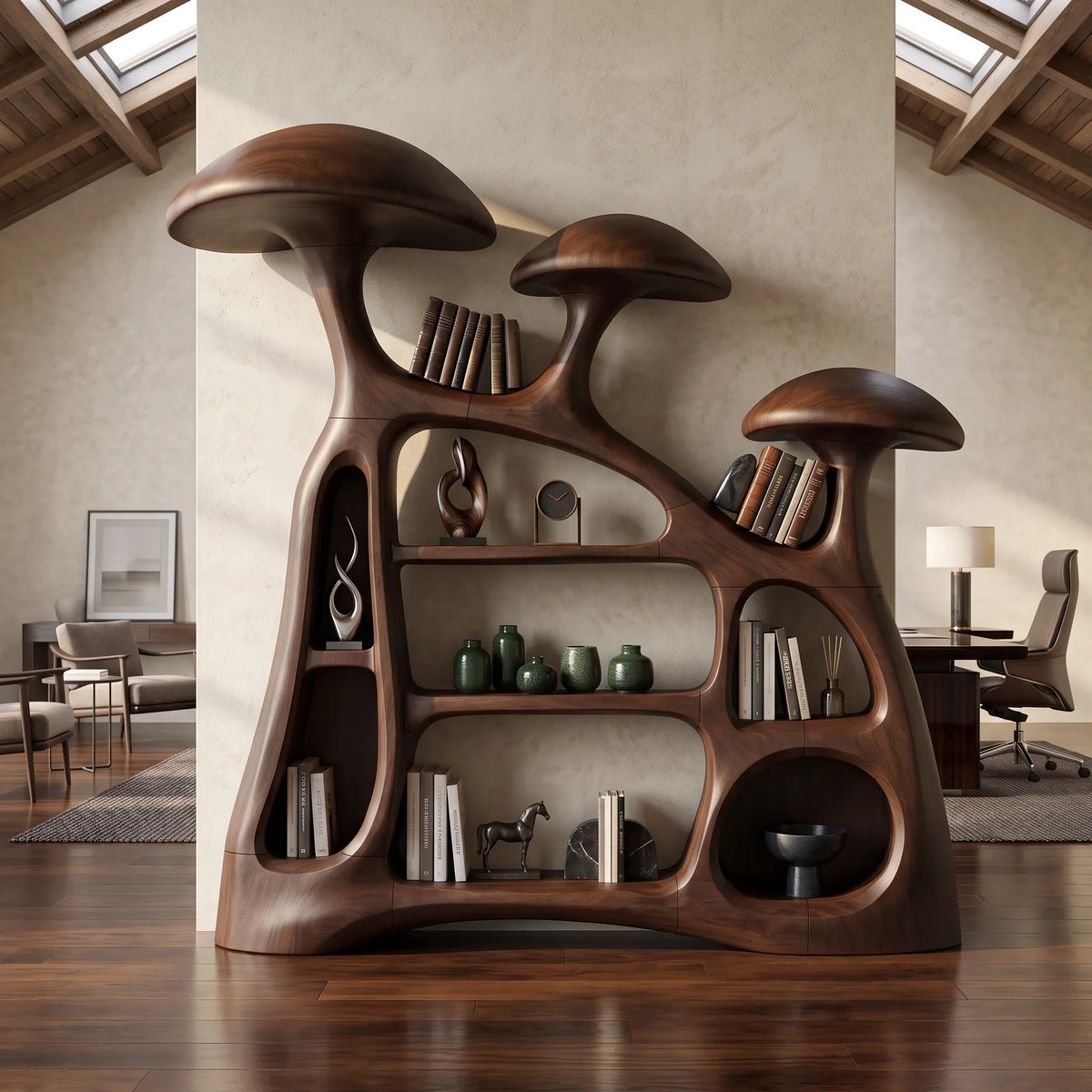 Modern Organic Mushroom Bookshelf Open Living Room