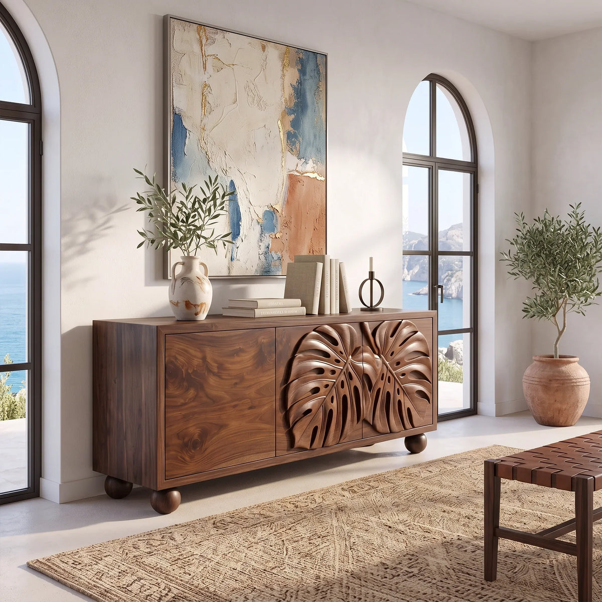 Tropical Sideboard Dining Room Sideboard Cabinet Buffet Cabinet Monstera Relief For Dining Room
