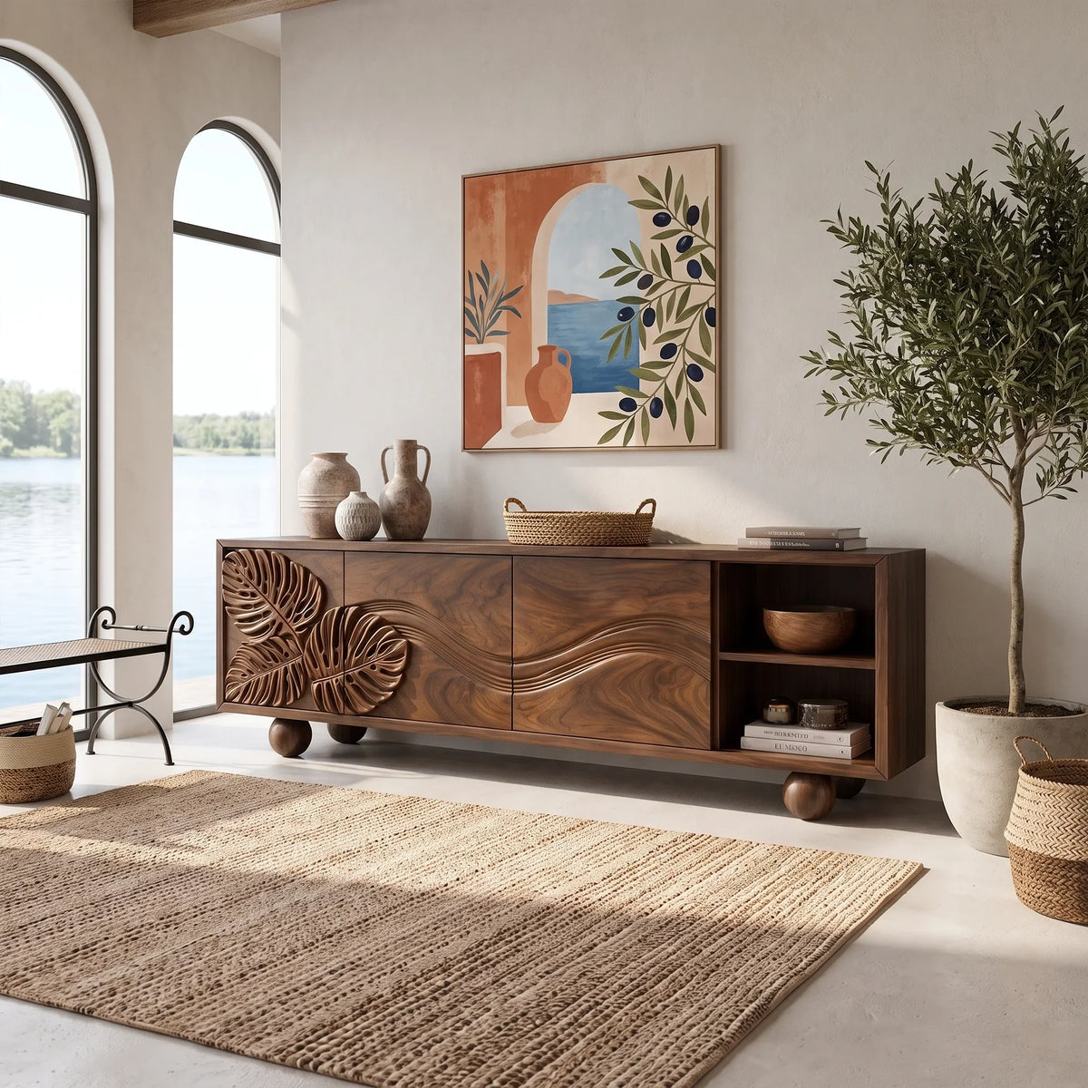 Graceful Sideboard Dining Sideboard Cabinet Buffet Cabinet Leaf Wave Carving For Living Room