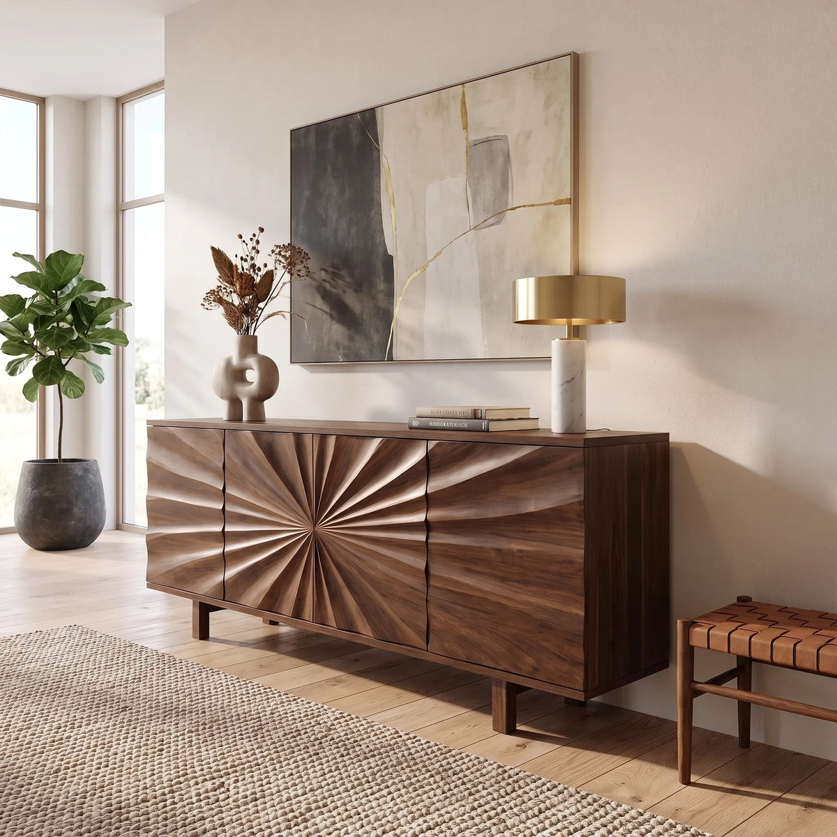 Vibrant Sideboard Sideboard Storage Cabinet Buffet Cabinet Sunburst Carved Front For Living Room