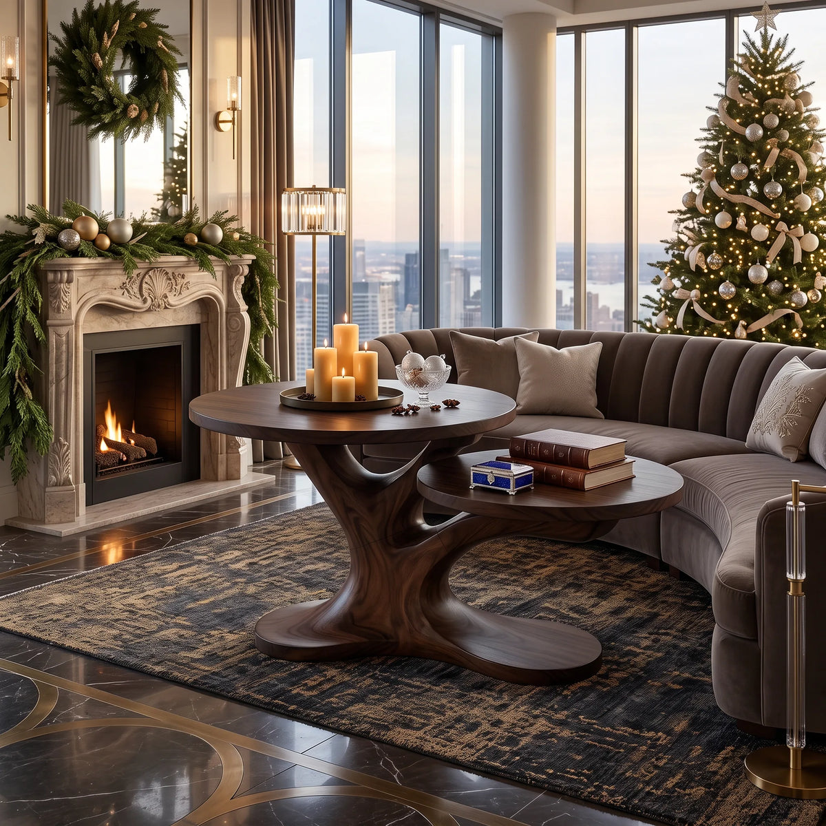 Organic Modern Reindeer Round Coffee Table Holiday Living Room