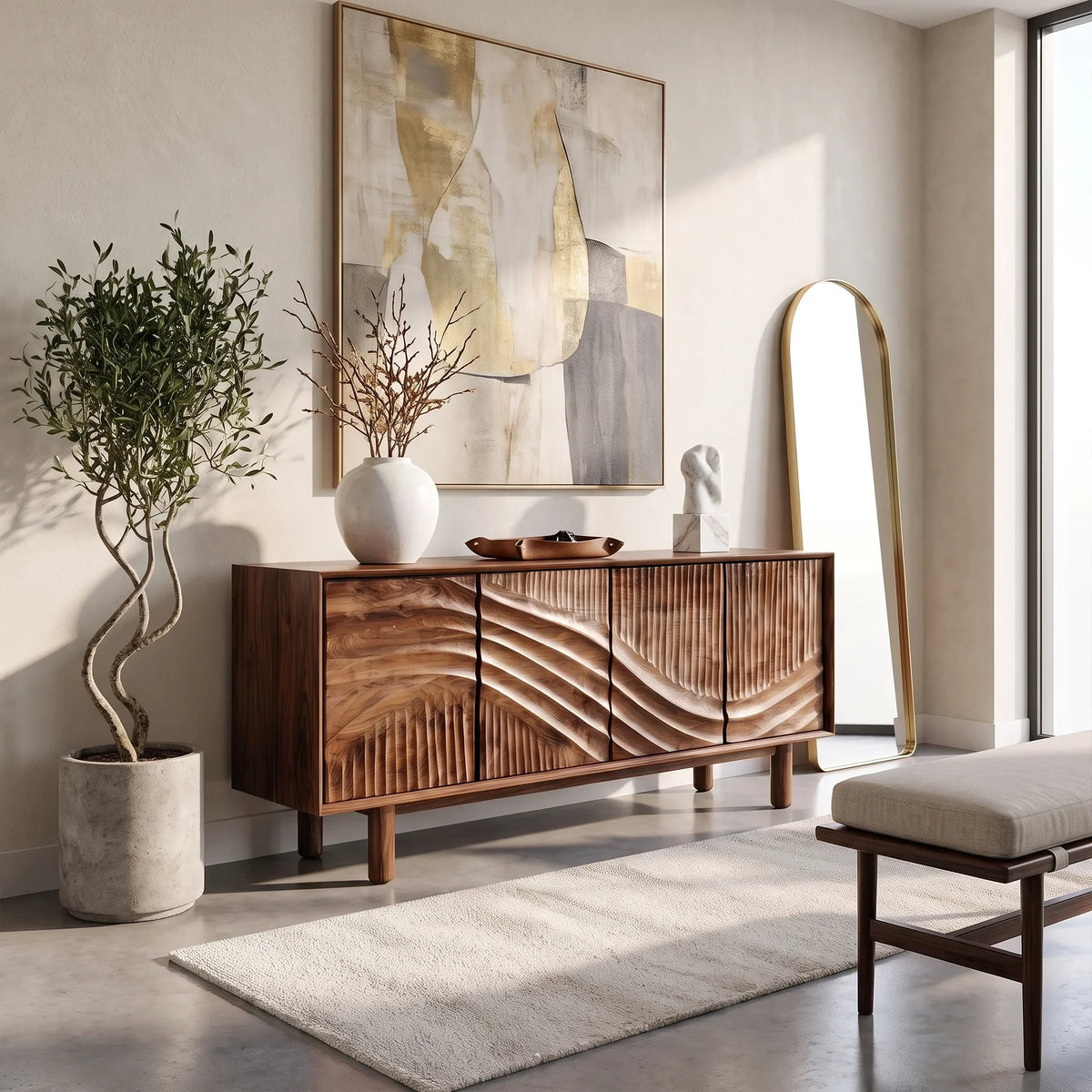 Textured Sideboard Sideboard Cabinet Modern Sideboard Wave Carved Doors For Living Room