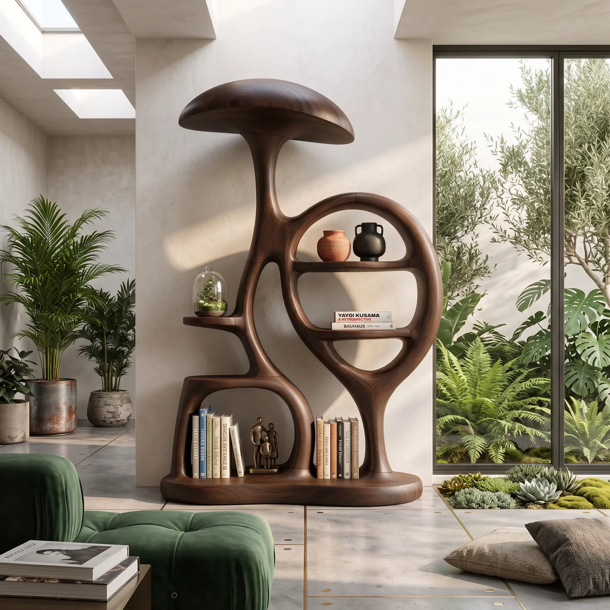 Contemporary Arched Mushroom Bookshelf Cozy Bedroom