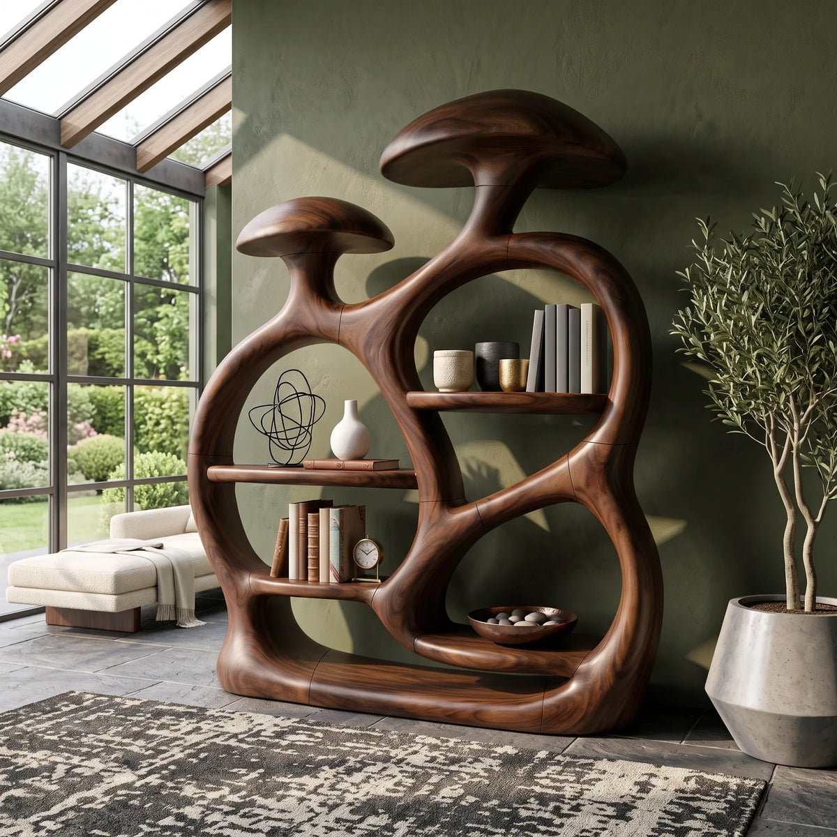 Contemporary Arched Mushroom Bookshelf Open Living Room