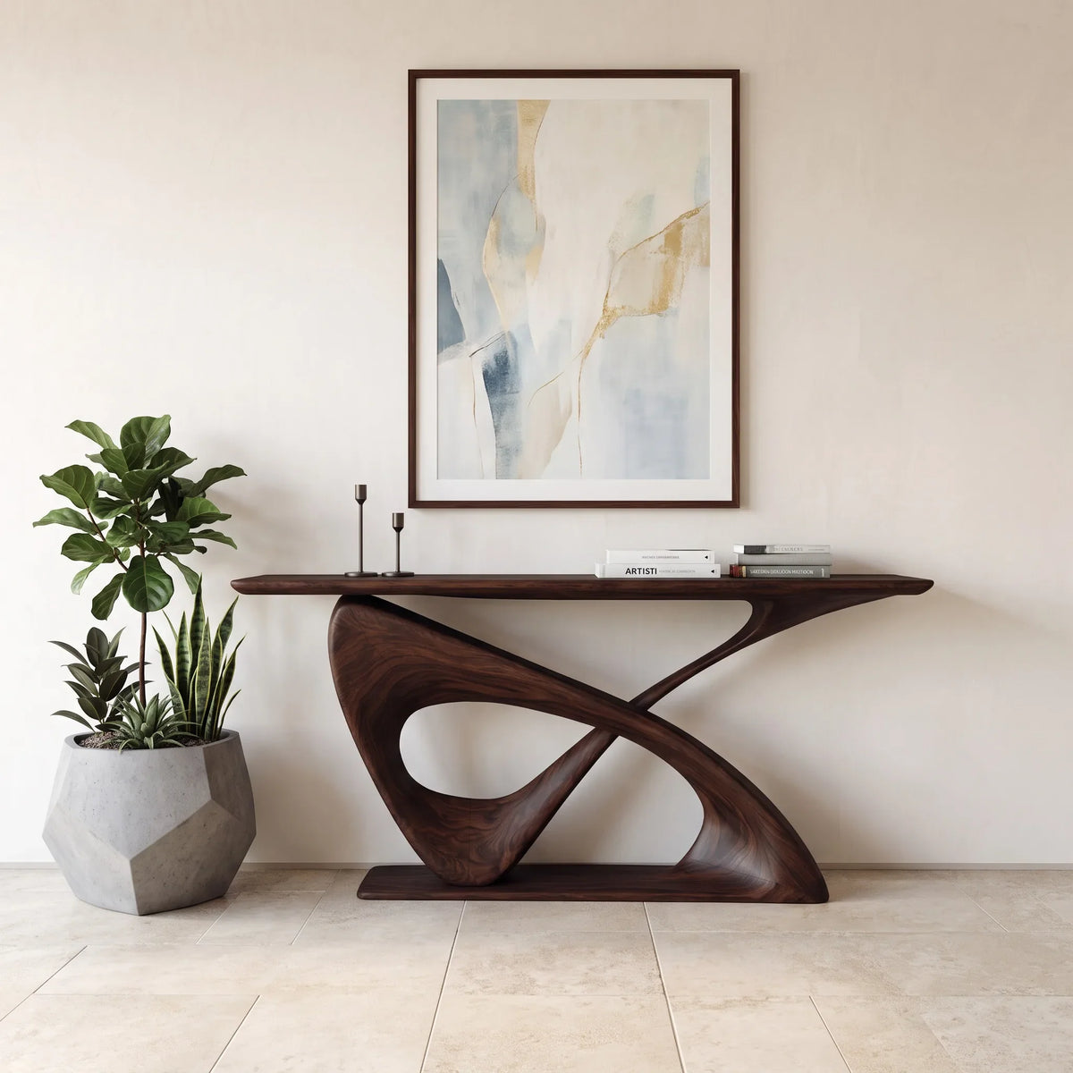 Modern Sculptural Console Table With Curved Base For Entryway
