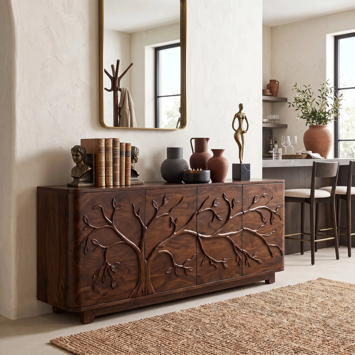Handcrafted Tree Carved Sideboard Cabinet Dining Room