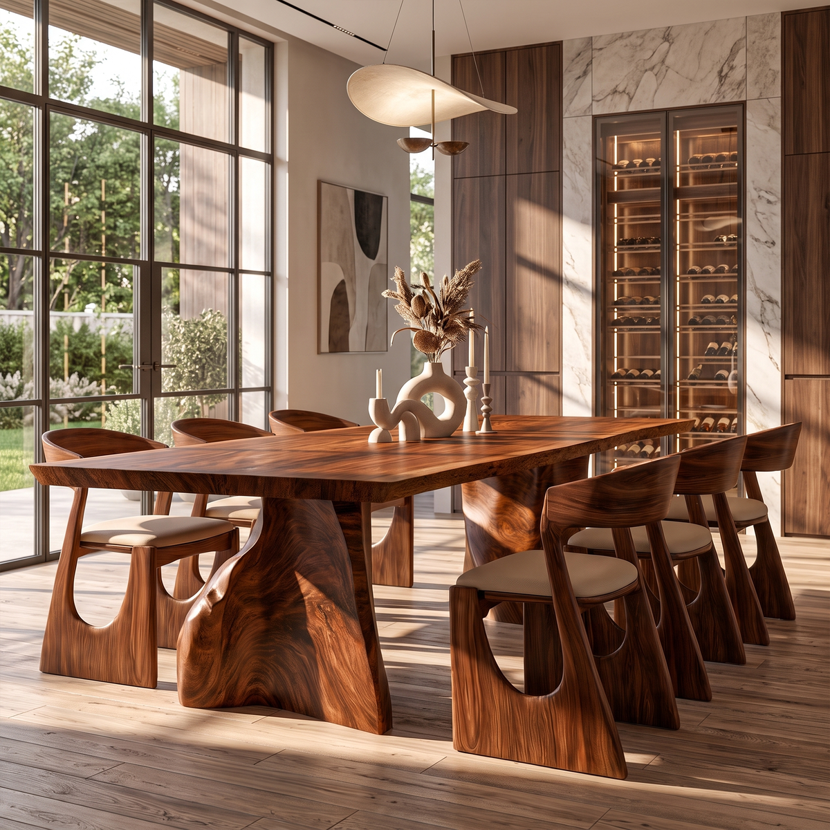 Modern Live Edge Dining Table With Sculptural Tree Trunk Base For Dining Room