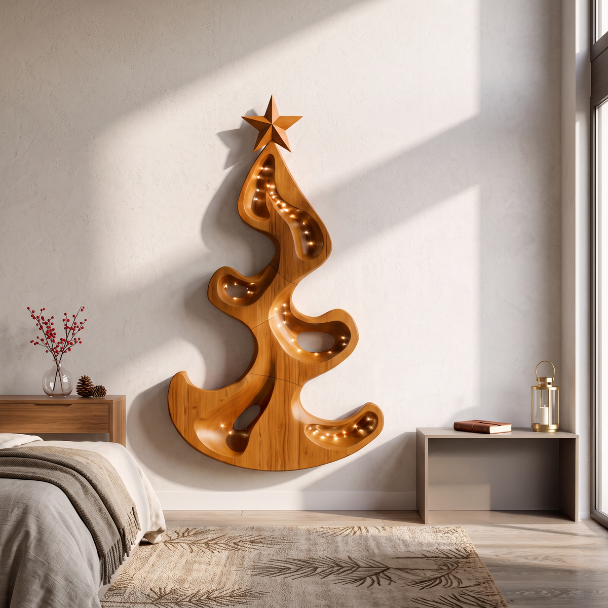 Rustic Christmas Wall Sculpture With Freeform Tree Design For Entryway