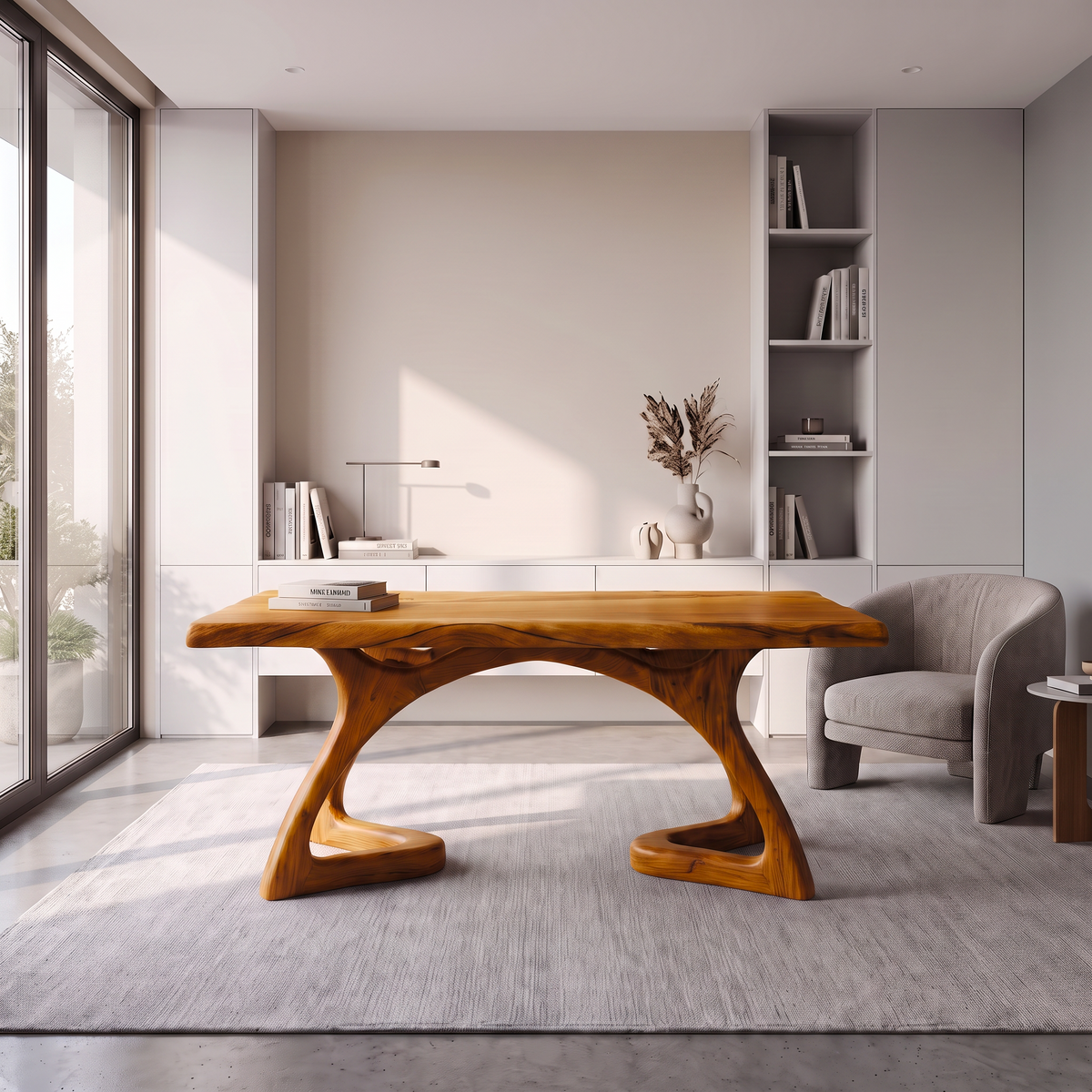 Rustic Executive Desk With Curved Open Frame Legs For Workspace