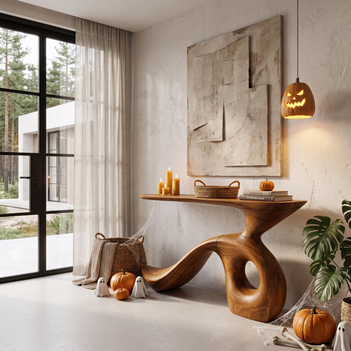 Modern Halloween Entryway Table With Sculptural Open Frame For Hallway