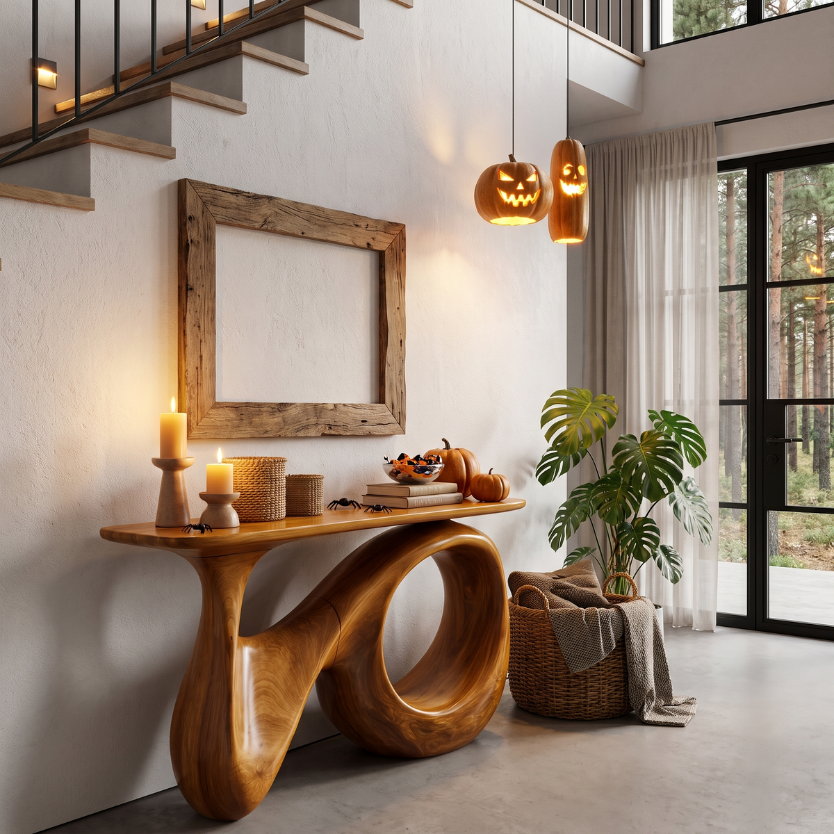 Natural Halloween Hallway Table With Carved Gothic Arch Frame For Foyer