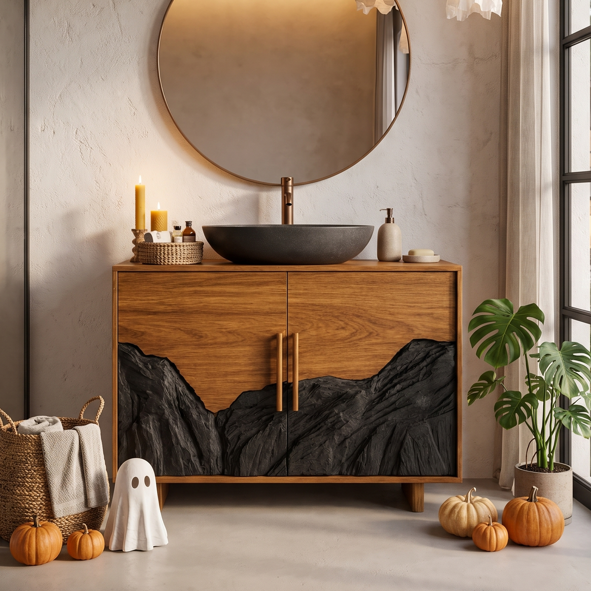 Rustic Halloween Bathroom Vanity Cabinet With Haunted Mountain Design For Bathroom