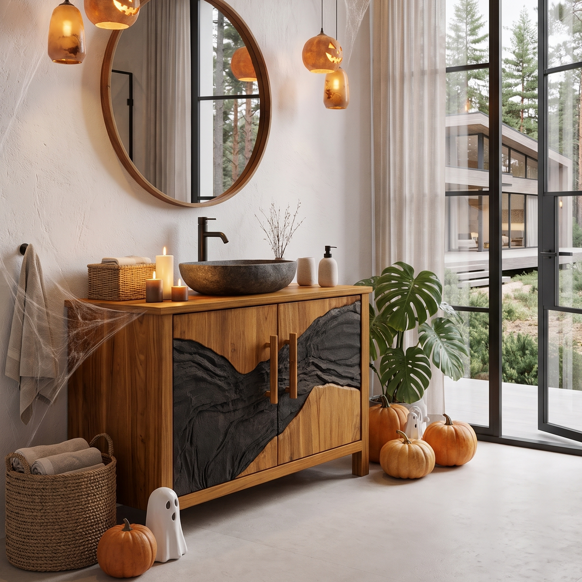 Modern Halloween Vessel Sink Vanity With Dark Mountain Relief For Bathroom