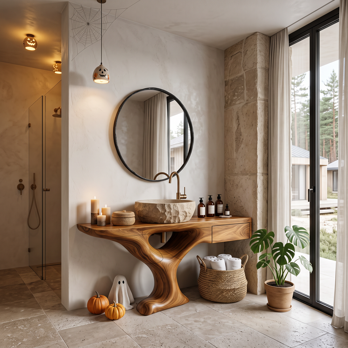Rustic Halloween Vessel Sink Vanity With Sculptural Tree Frame For Bathroom