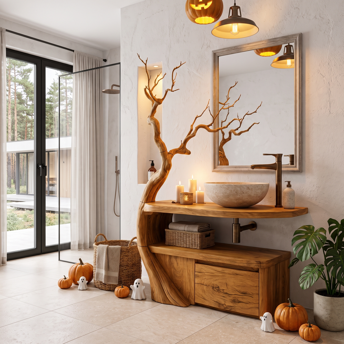Gothic Halloween Bathroom Vanity With Haunted Tree Branch Design For Bathroom