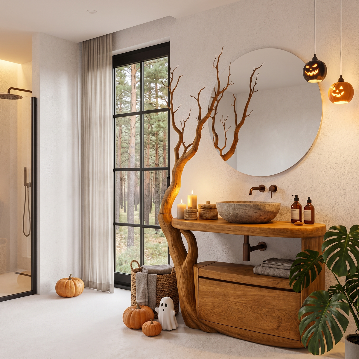 Natural Halloween Tree Bathroom Vanity With Open Shelf Storage For Bathroom