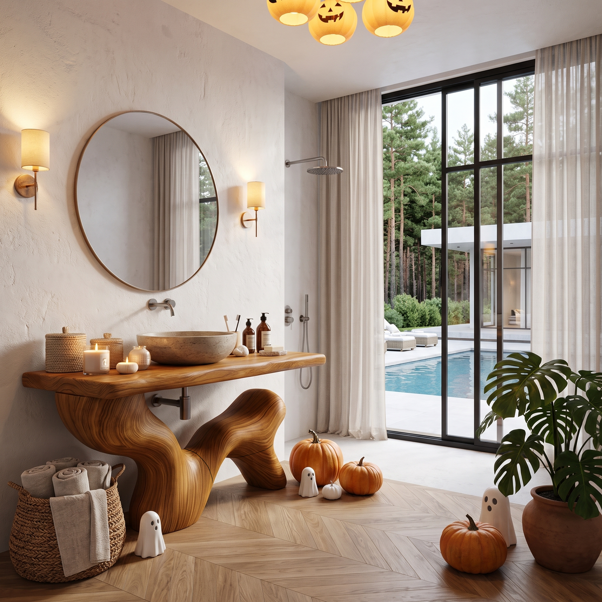 Modern Halloween Bathroom Sink Cabinet With Dark Branch Design For Bathroom
