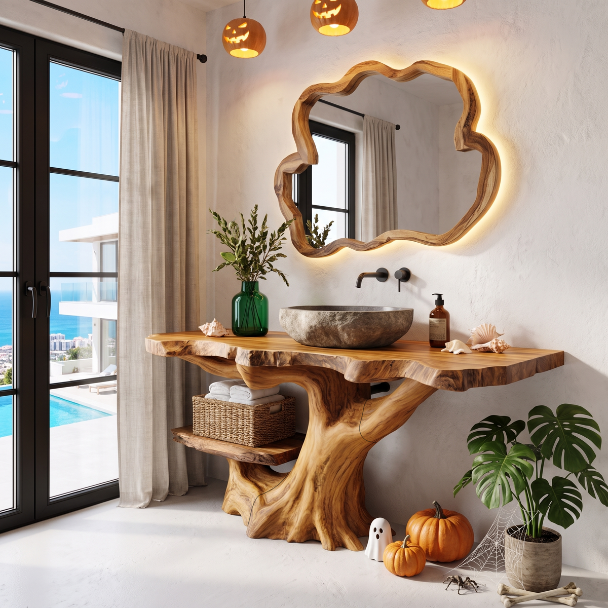 Rustic Halloween Bathroom Vanity With Live Edge Top And Tree Trunk Base For Bathroom