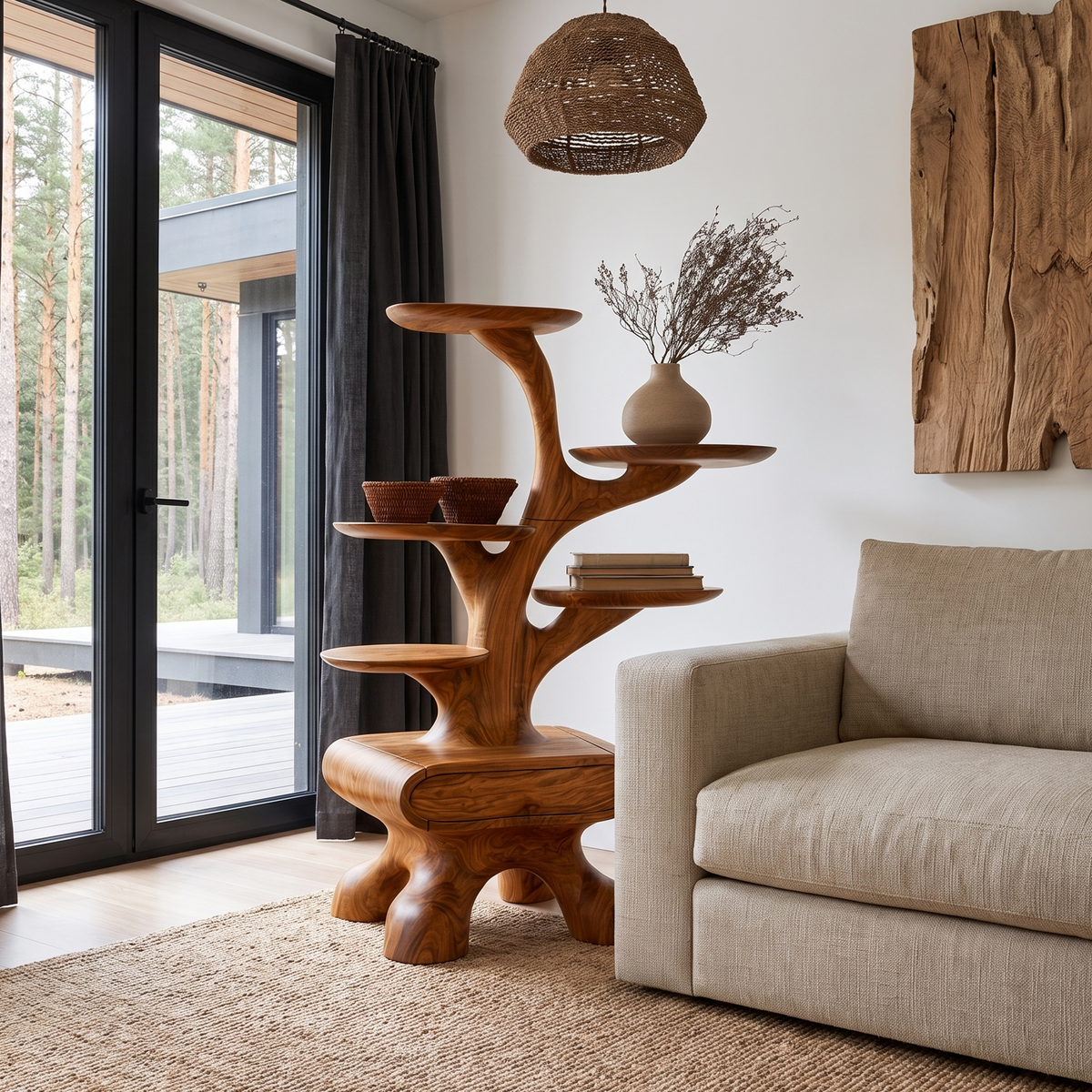 Rustic Tree Side Table With Tiered Display Shelves For Living Room