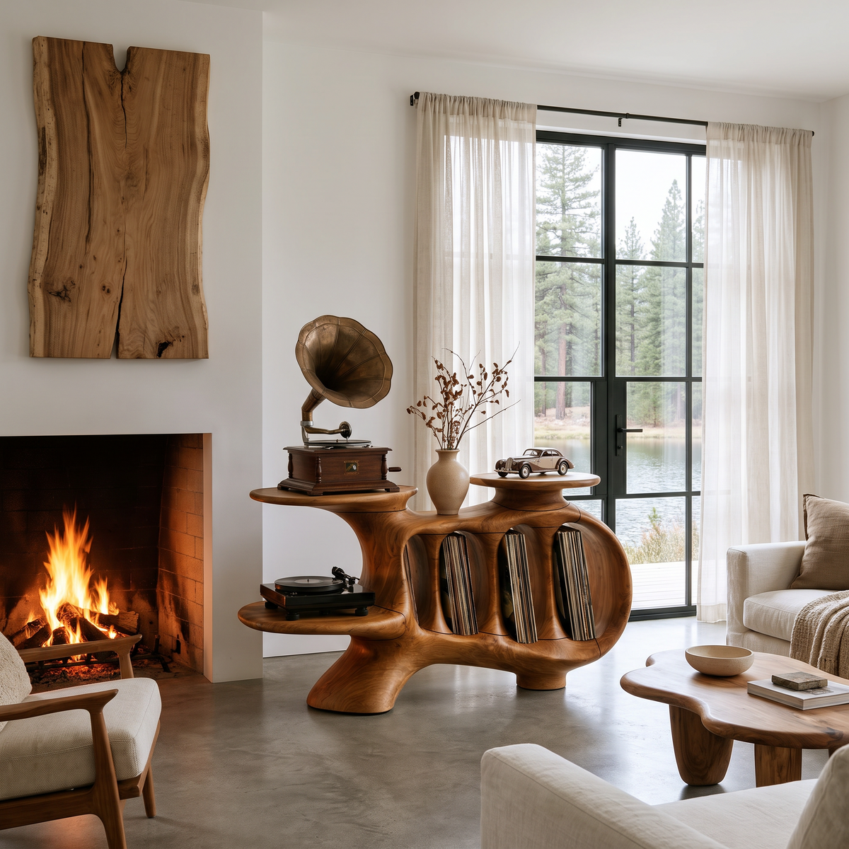 Natural Turntable Console With Sculptural Display Sections For Living Room