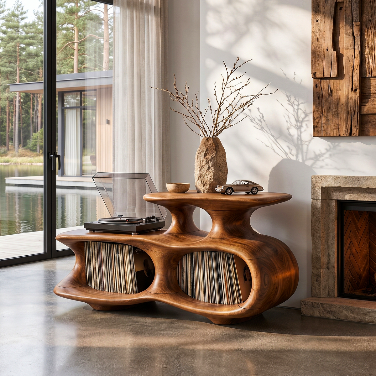 Modern Vinyl Record Stand With Asymmetrical Curved Compartments For Hallway