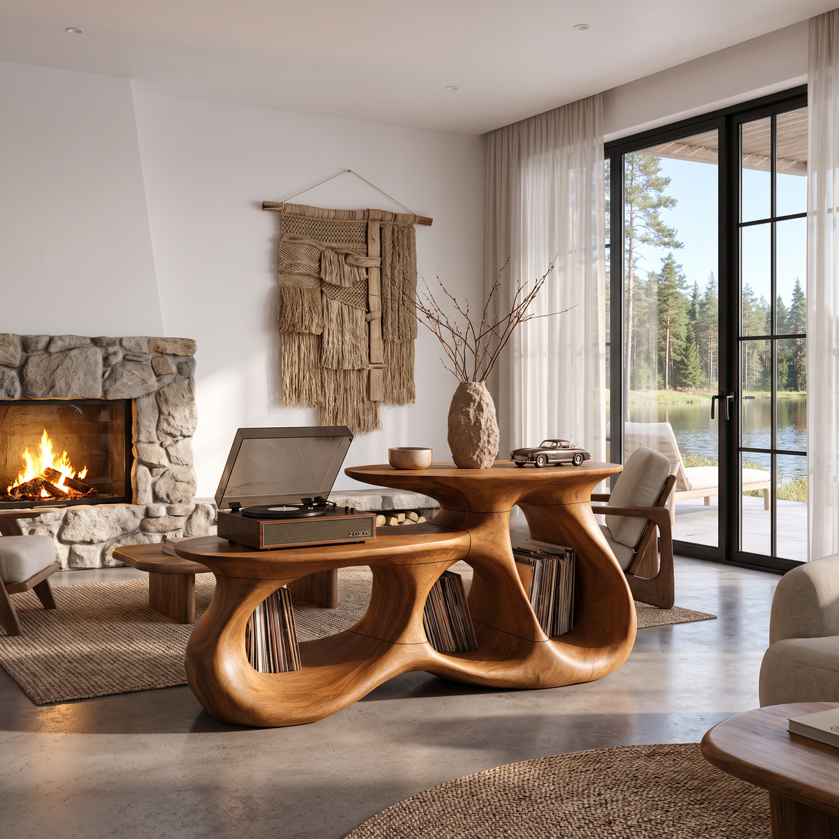Contemporary Vinyl Record Cabinet With Interlocking Curved Forms For Living Room