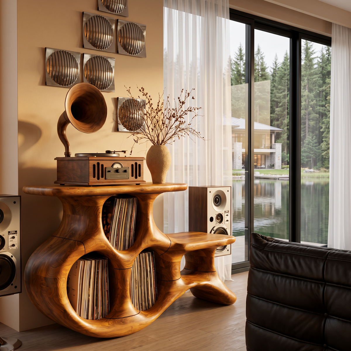 Organic Turntable Cabinet With Abstract Rounded Frame For Living Room