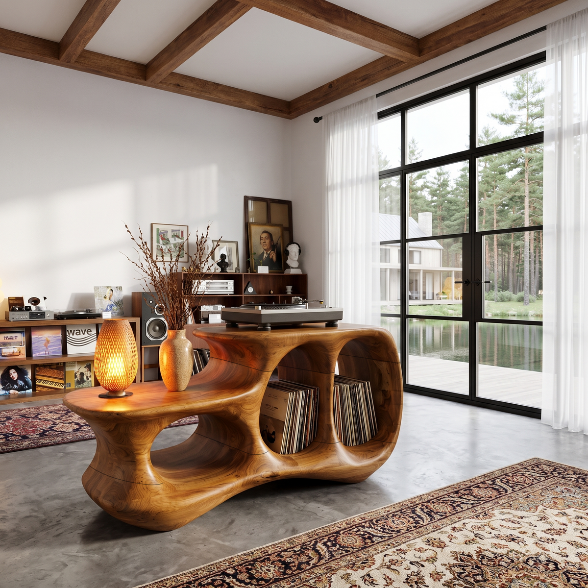Natural Record Player Stand With Flowing Sculptural Frame For Living Room