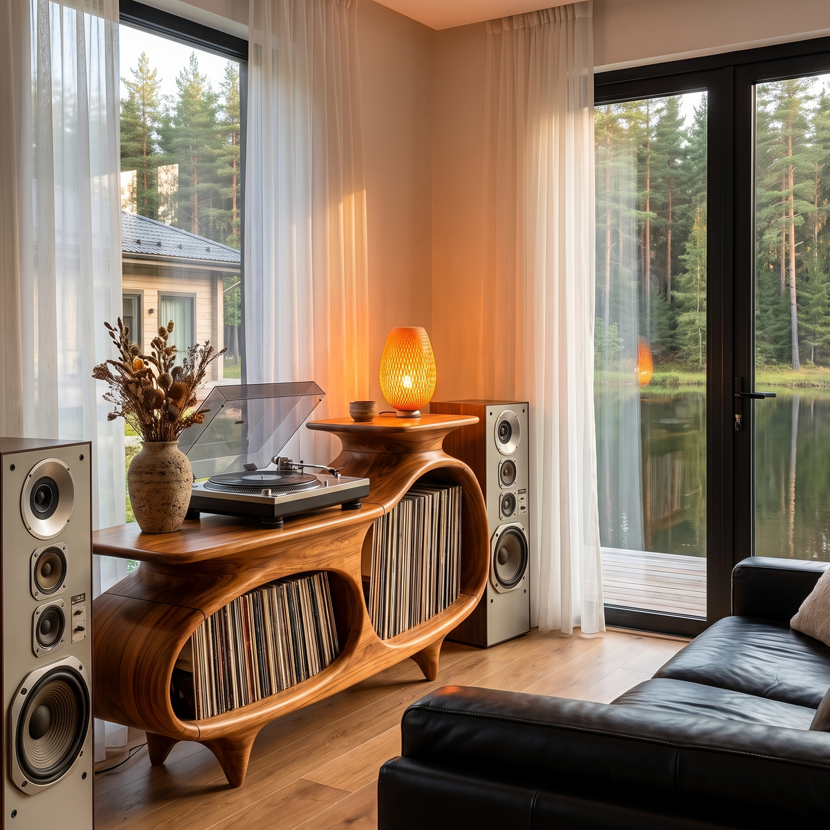 Modern Media Console With Vinyl Storage And Curved Display Compartments For Entryway