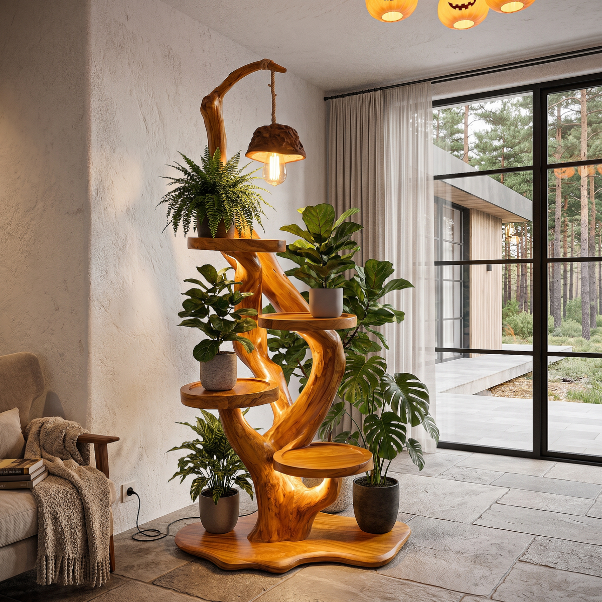 Rustic Halloween Tree Plant Stand With Hanging Lamp For Living Room