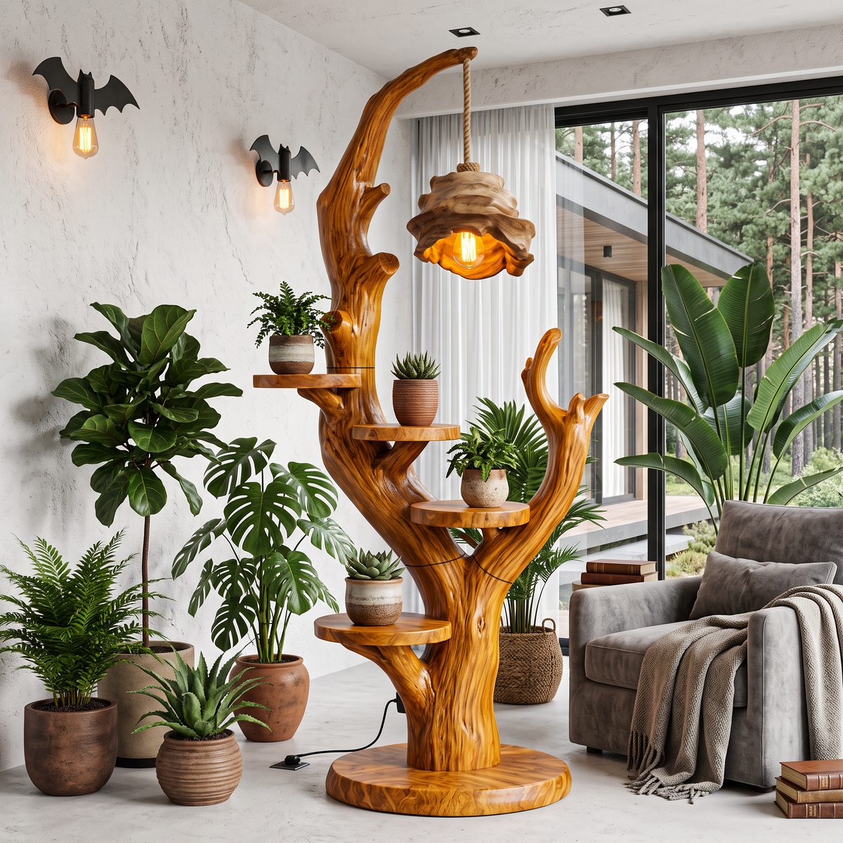 Contemporary Halloween Plant Display Stand With Floating Circular Shelves For Entryway