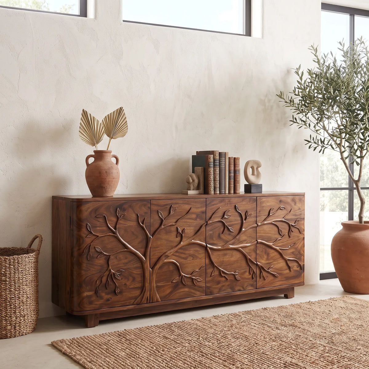 Handcrafted Tree Carved Sideboard Cabinet Dining Room