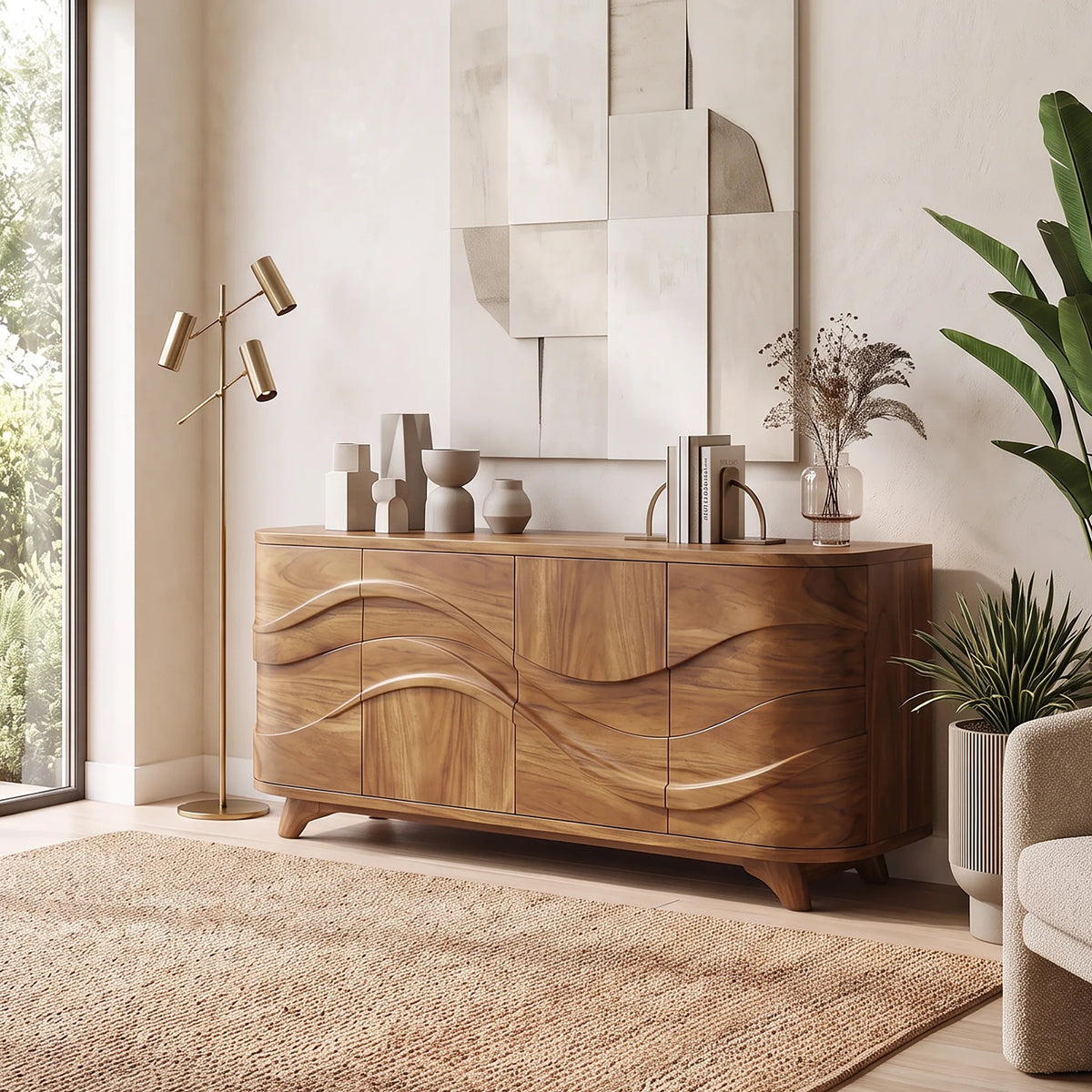 Handcrafted Wave Carved Sideboard Cabinet Living Room