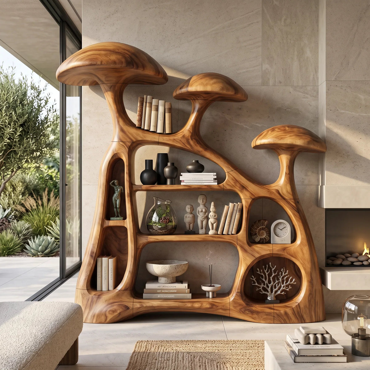 Modern Organic Mushroom Bookshelf Open Living Room