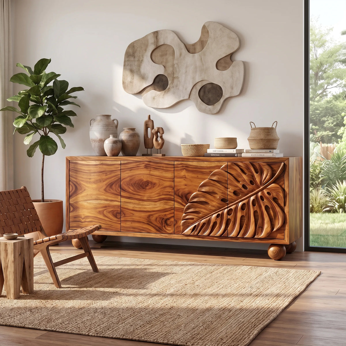 Serene Sideboard Cabinet Modern Sideboard Buffet Cabinet Monstera Carving For Living Room