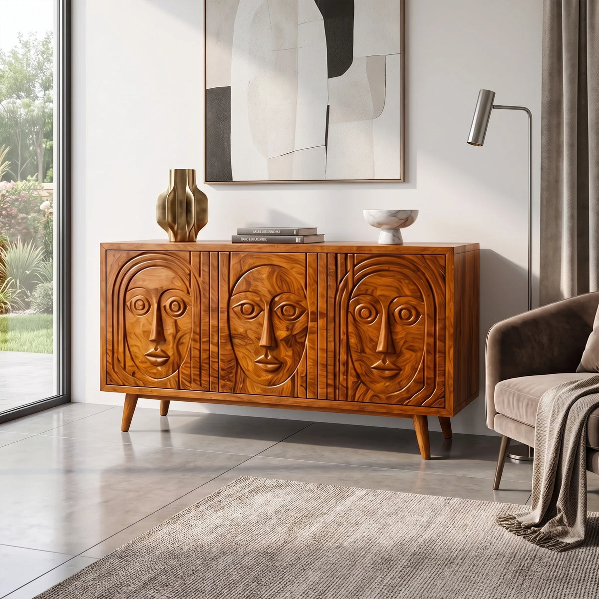 Serene Sideboard Dining Room Sideboard Cabinet Modern Sideboard Triple Face Carving For Dining Room