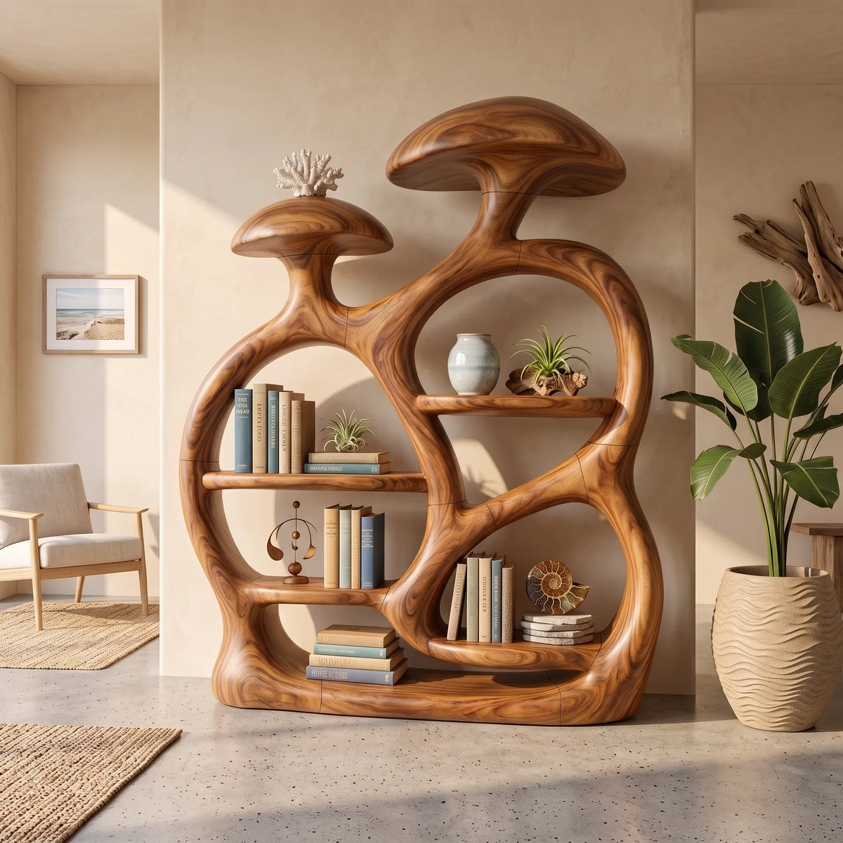 Contemporary Arched Mushroom Bookshelf Open Living Room