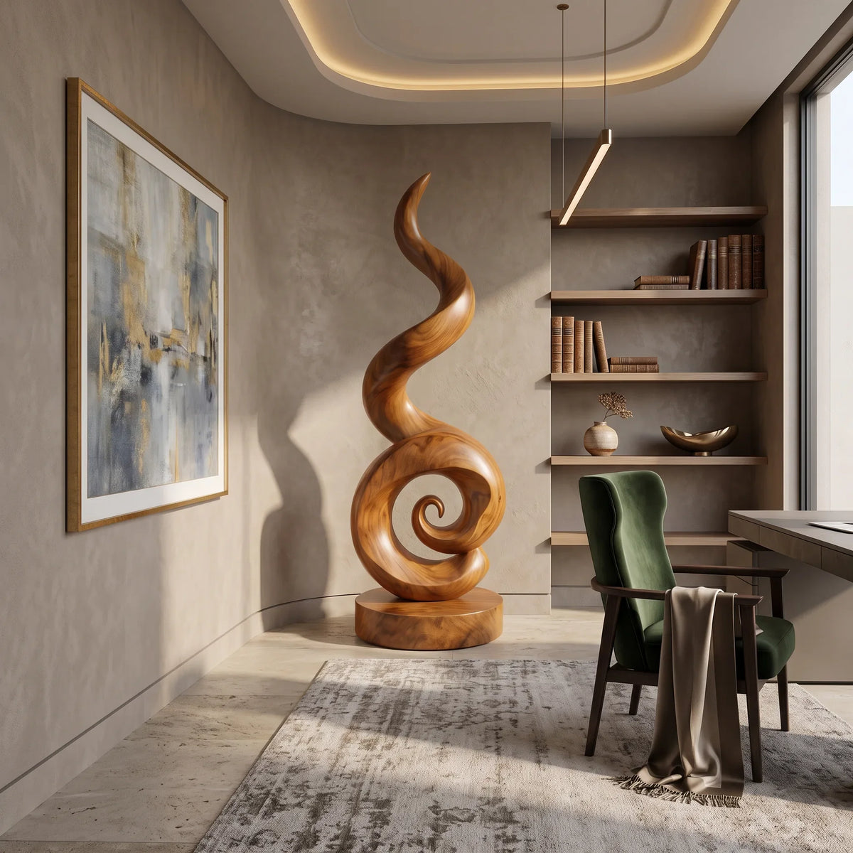Coastal Spiral Wood Sculpture For Luxury Poolside Patio Decor