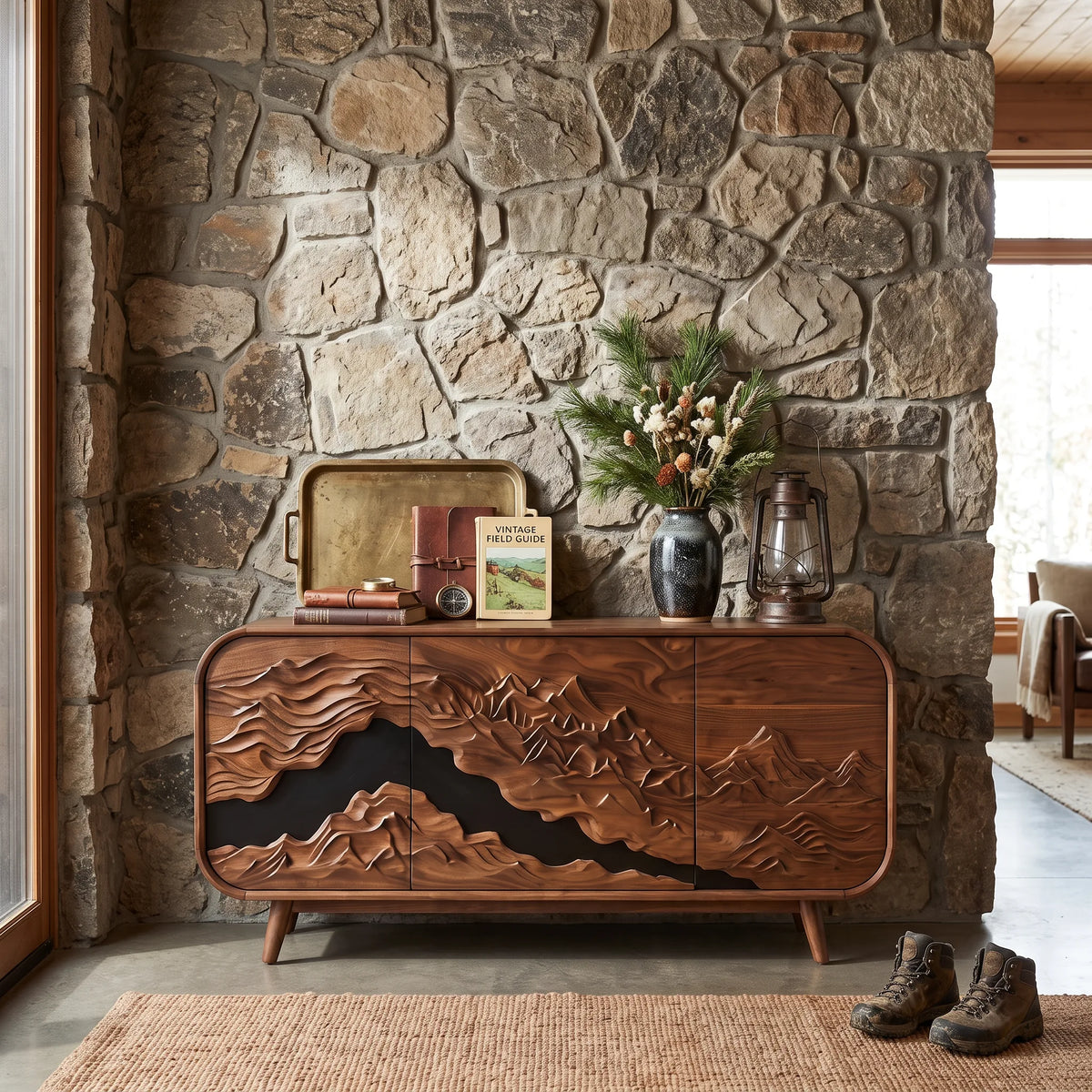 Mid Century Carved Sideboard Buffet Cabinet Living Room