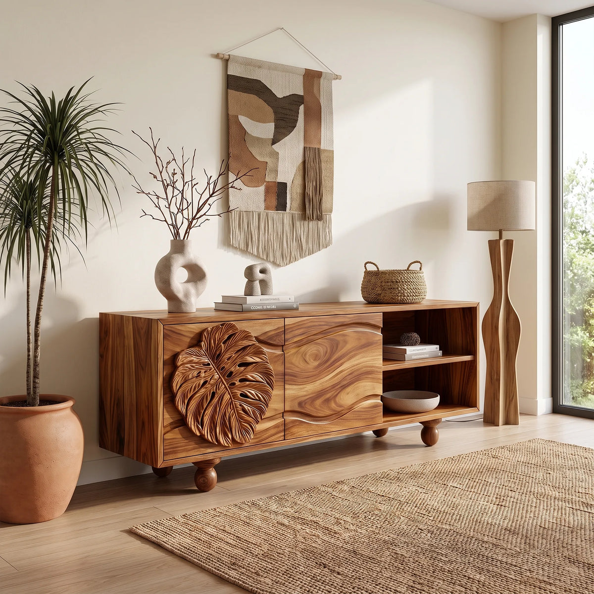 Organic Sideboard Sideboard Cabinet Modern Sideboard Leaf Carving Open Storage For Living Room