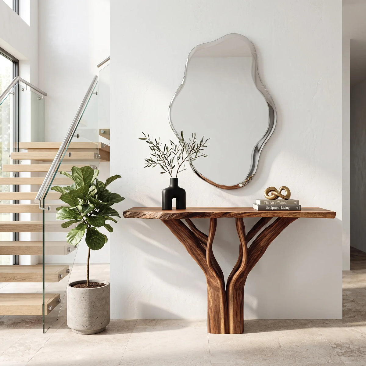 Organic Sculptural Console Table With Pedestal Base For Entryway
